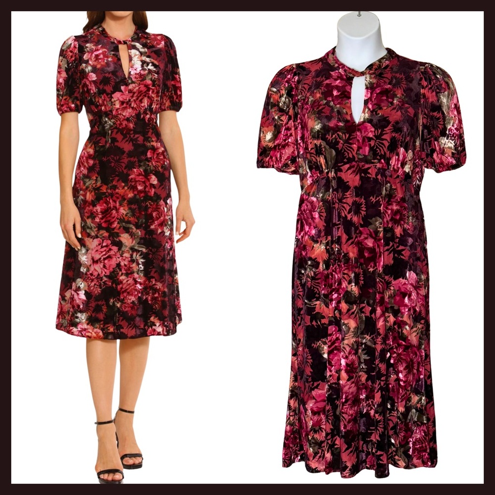 10 - NWT - Maggy London - Floral Print Puff Sleeve Velvet Midi Dress